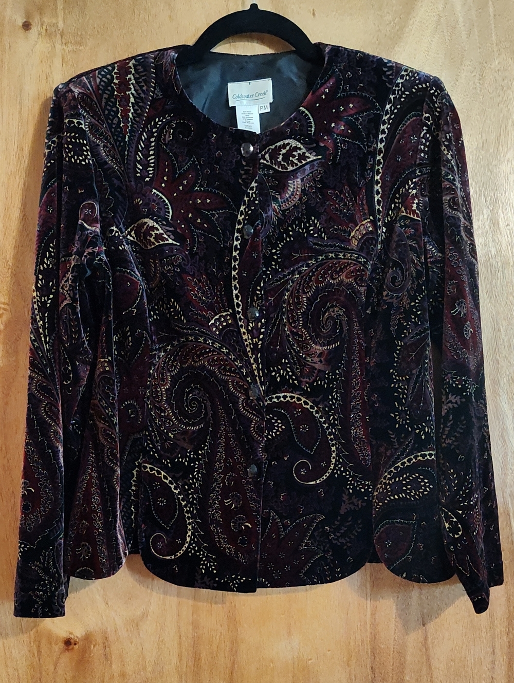 Coldwater Creek Lotus Velvet Jacket Paisley Black Purple Gold Shimmer Button PM